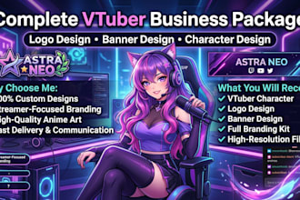 design complete vtuber business package, logo, banner and character