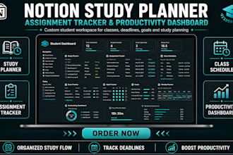 design notion study planner, assignment tracker and productivity dashboard