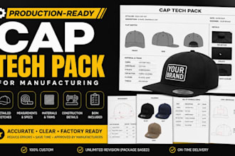 create production ready cap tech pack, beanie caps for manufacturing