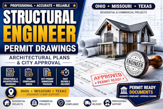 structural engineering, architectural permit drawings with oh, mo, tx stamps