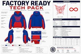 create clothing tech pack for hoodie, tshirt, streetwear, cargo pants and tracks