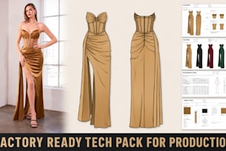 create tech pack flat sketches for corset dresses evening gown for manufacturing