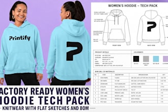 create sweater hoodie tech pack with flat sketches and bom for manufacturing
