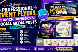 design canva event flyer, social media posts, church banner, carousels design