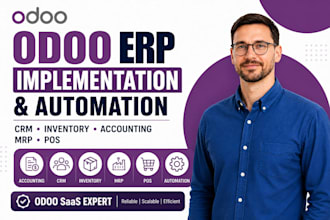 implement complete odoo erp accounting module, CRM, inventory, mrp and pos setup