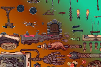 design pixel art game UI icons hud elements top down and isometric pixel