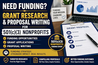 research grants, write grant proposals and assist 501c3 nonprofits with funding