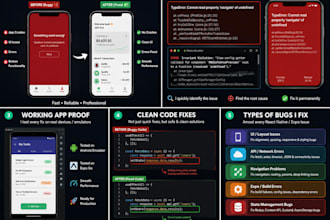 debug react native, expo, android build errors and crashes