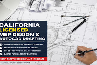 license california mep design, autocad drawing, bim coordination and garage plan