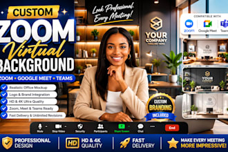 design realistic zoom virtual background office mock up, google meet with logo