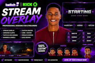design stream overlay, kick, twitch overlay, twitch logo, banner emotes, chibi