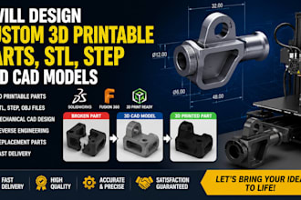 design custom 3d printable parts, stl, step and cad models