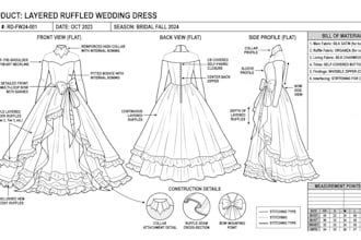 design luxury wedding prom dress gown tech pack textile sewing pattern