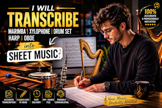 pro transcribe marimba, xylophone, drum set, harp and oboe music into sheet musi