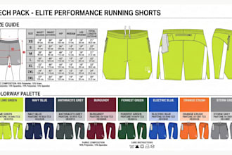 create activewear tech pack, sportswear techpack with flat sketch for production