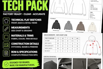 create factory ready streetwear tech packs with  sketches, for manufacturing