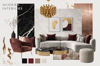 create a modern living room mood board, styling package and shopping list