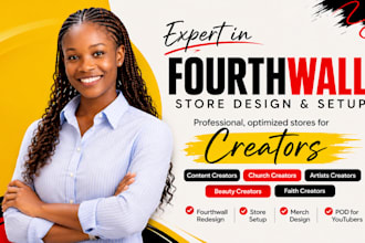 do fourth wall redesign, store setup, design merch down, pod for youtubers