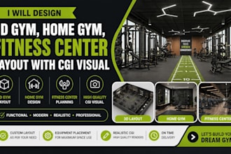 design 3d gym, home gym, fitness center layout with cgi visual