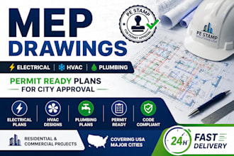 create mep electrical plumbing and hvac permit drawings for city approval