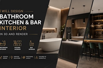 design kitchen and bar interior, bathroom interior in 3d render