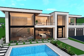 design a custom bloxburg house build mansion with detailed interior exterior