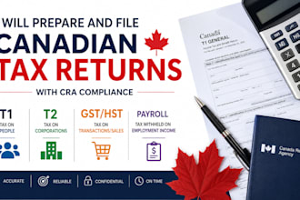 prepare and file canadian t1,t2,gst hst,payroll tax returns with cra compliance