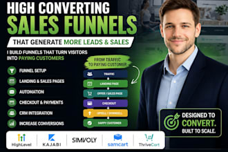 build highconverting sales funnels in ghl, kajabi,  simvoly, samcart, thrivecart