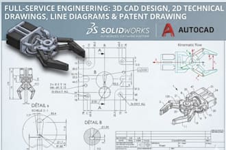 create 3d cad design 2d technical drawings line diagrams and patent drawing