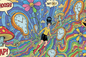 draw psychedelic illustration with retro comic art style
