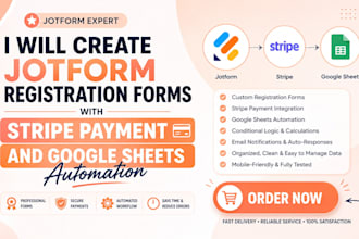 create jotform registration forms, stripe payment and google sheets automation