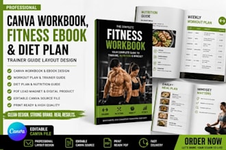 design canva workbook, fitness ebook, diet plan, trainer guide layout design