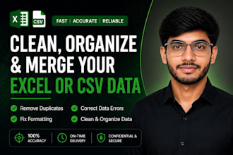 clean, format, organize, and merge excel or CSV data