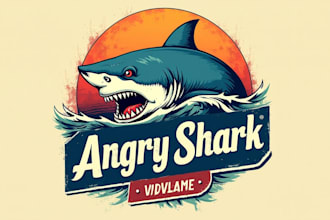 design a fierce angry shark vintage logo for your brand
