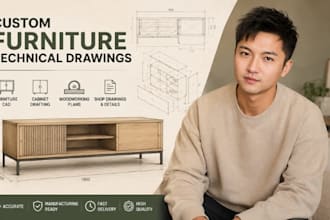 custom furniture technical drawing, woodworking plans, cabinet cad drafting