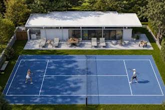 retouch 3d tennis court house,padel court,outdoor playground,sports arena render
