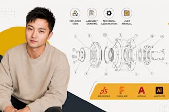 assembly instruction drawing, exploded view, technical illustration cad pro