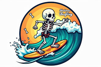 design a unique skeleton surfing logo for your brand
