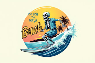 design a unique skeleton surfing beach summer logo for your brand