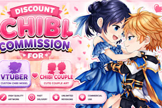 draw cute anime chibi character, couple, vtuber or mascot art