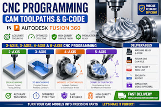 do cnc programming, cam toolpaths g code for 3axis, 4axis and 5axis in fusion360
