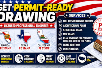 provide pe stamp permit drawings florida texas california engineer