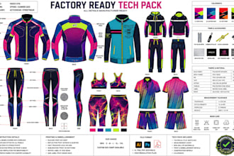 create tech pack for hoodie jacket streetwear tshirt cargo pants and tracksuit