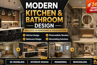 design modern kitchen and bathroom interior with realistic 3d rendering