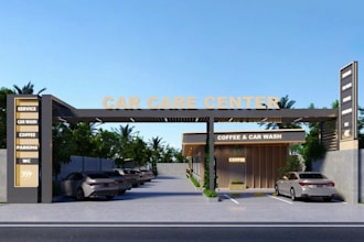 3d car wash exterior lubricant store cgi carport, gas station, parking design