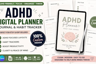 design an adhd digital planner, journal or habit tracker for etsy and KDP