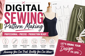 make digital clothing sewing patterns, pattern grading for any dress garments