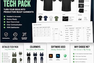create gymwear, activewear, sportswear tech packs with flats, bom, measurements