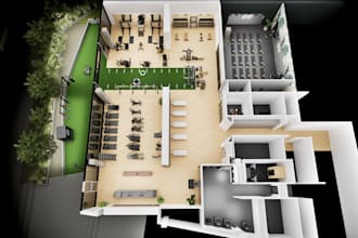 design modern gym, fitness center, crossfit box and workout studio in 3d