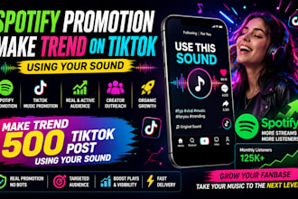 do spotify promotion, make trend 500 tiktok post using your sound, tiktok music